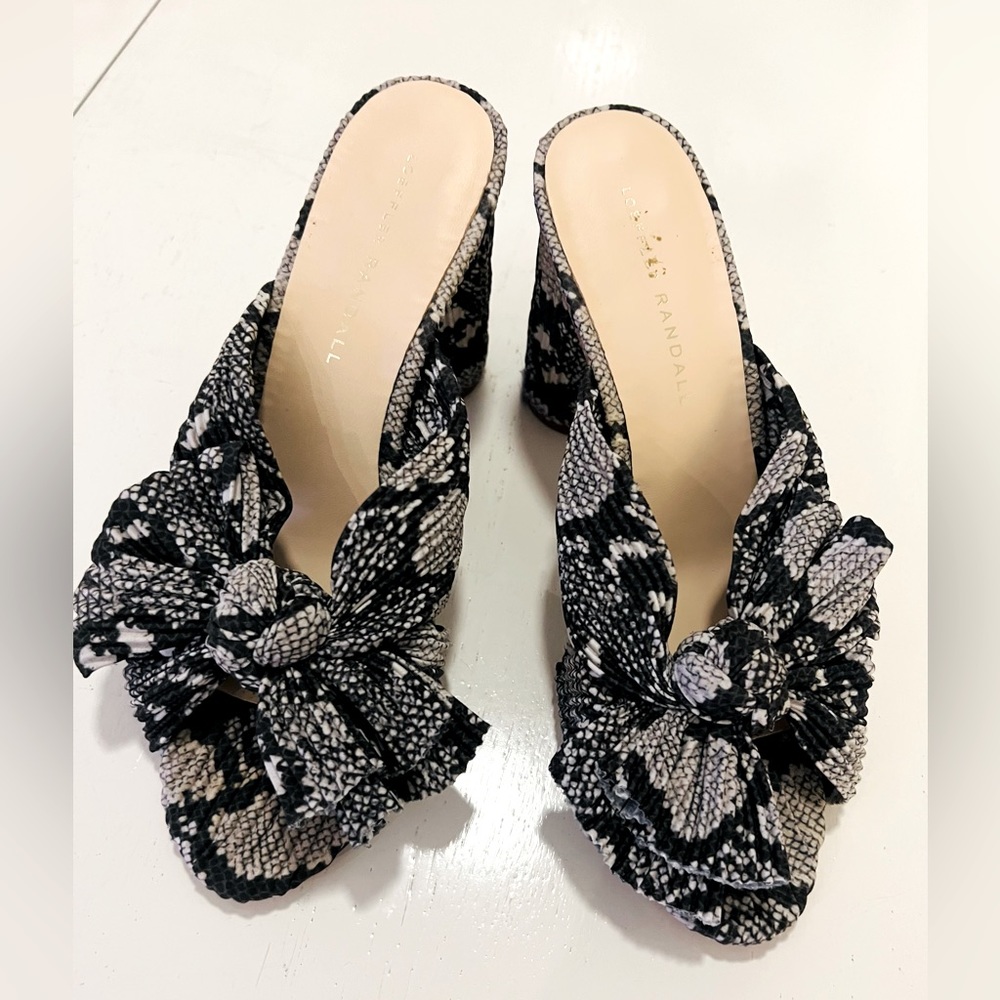 Loeffler Randall Penny Pleated Bow Sandals Size 8 in Snake Print